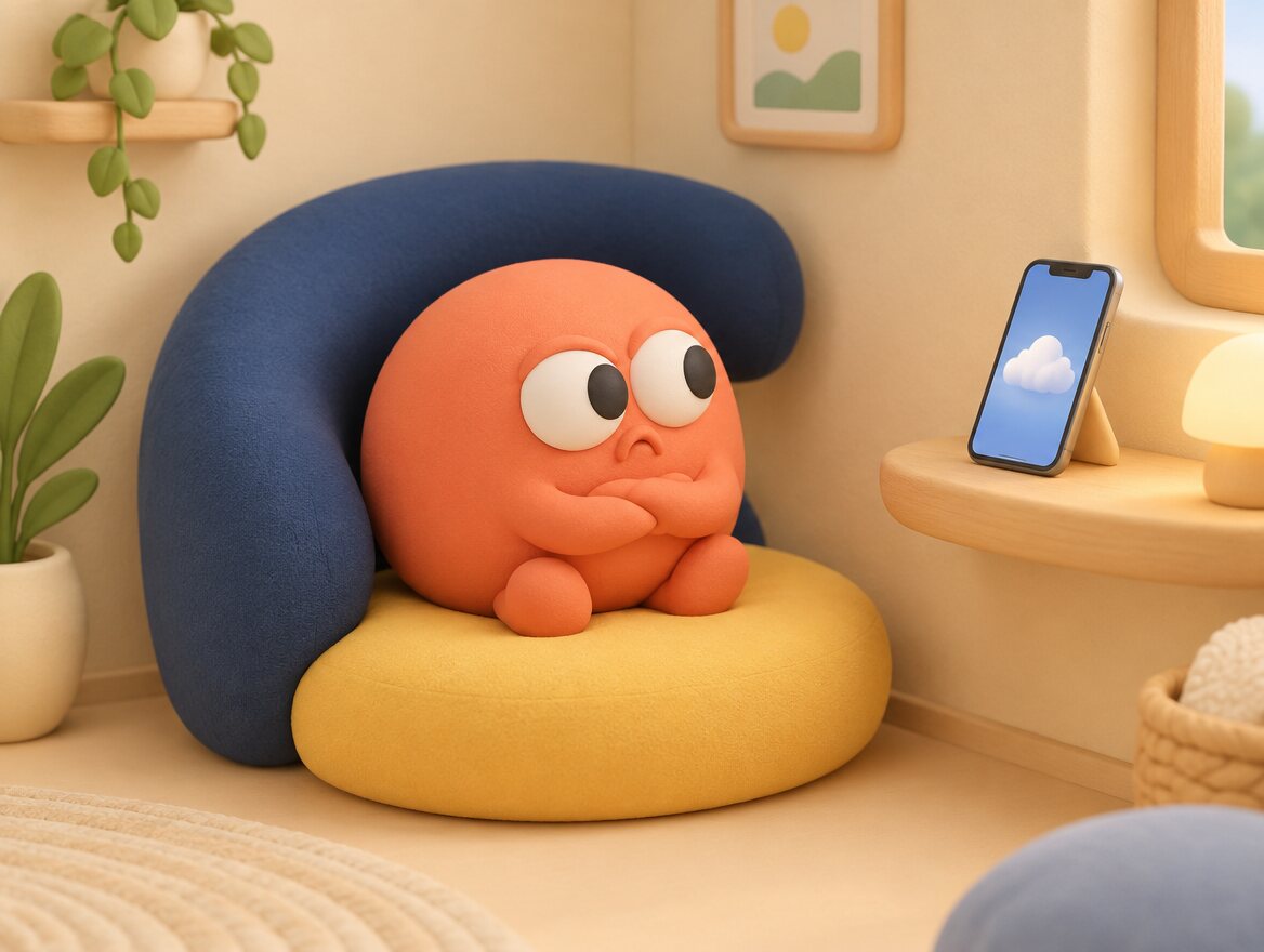 A grumpy little character with folded arms sits on a yellow cushion in a cosy calm-down corner, while a phone on a shelf shows a cloud countdown